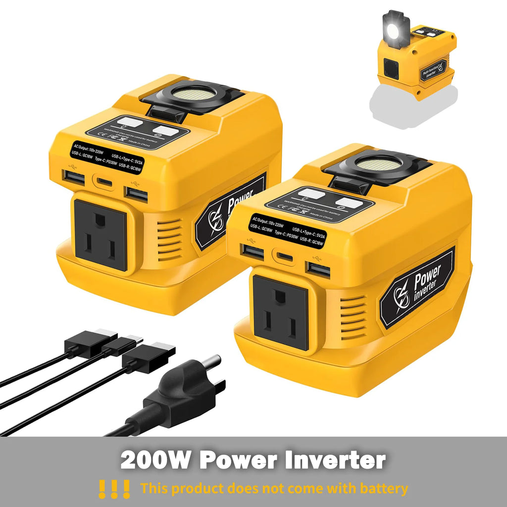 200W Portable Power Inverter Compatible with Dewalt 20V Battery, 20V to AC 110V, with 4 Output&300LM LED,