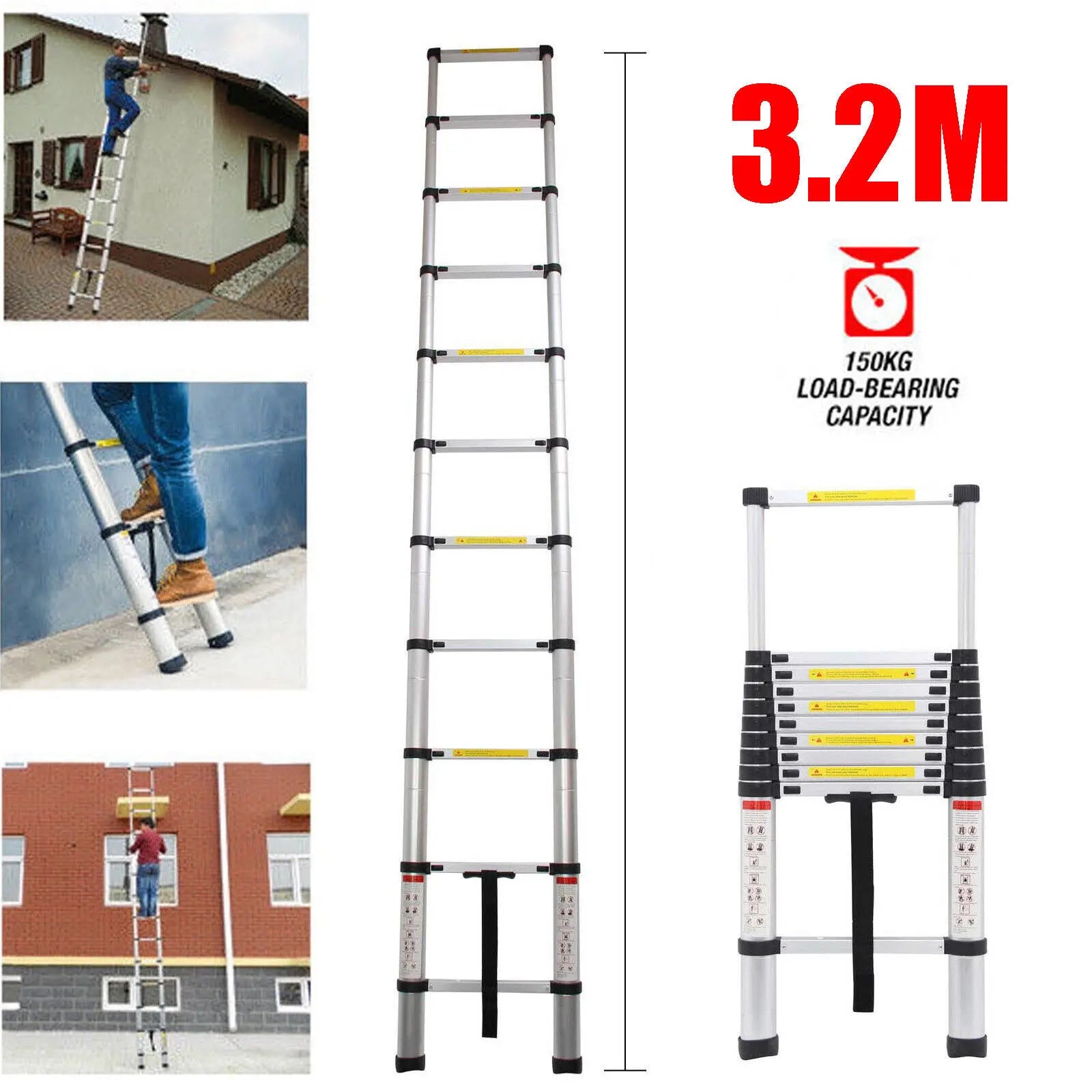 2.6M-5M Sturdy Aluminum Telescoping Extension Ladder 330lb Max Load