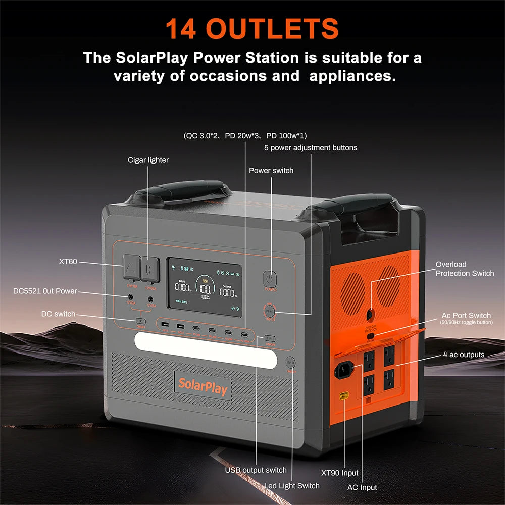 Portable Power Station 2500W/2300Wh Solar Generator with 4 AC Outlets (4800W Peak) Large Capacity Emergency Power