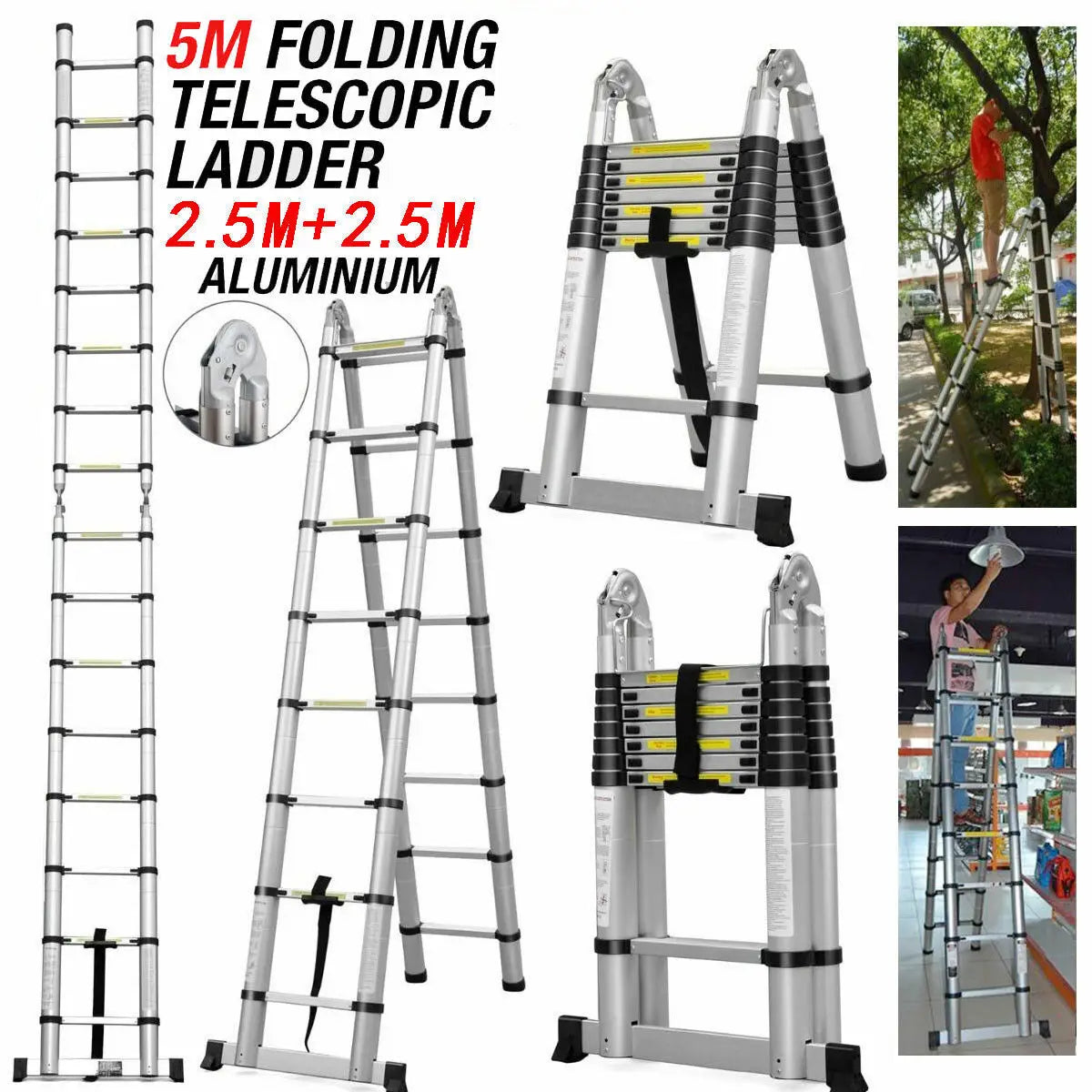 2.6M-5M Sturdy Aluminum Telescoping Extension Ladder 330lb Max Load