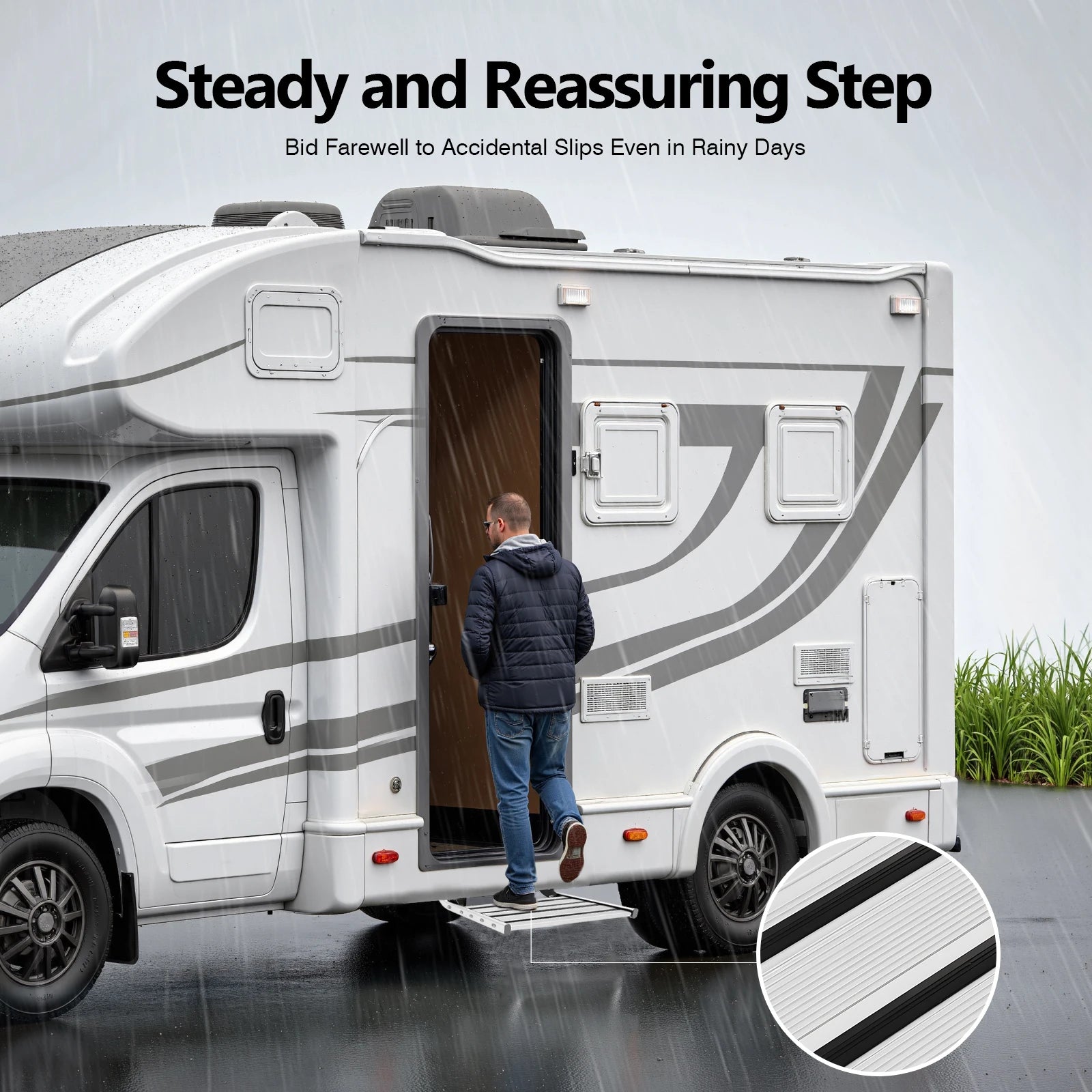 Folding RV Step, 44cm Manual RV Step with LED Light, Loading 150kg