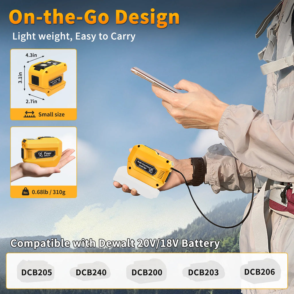 200W Portable Power Inverter Compatible with Dewalt 20V Battery, 20V to AC 110V, with 4 Output&300LM LED,