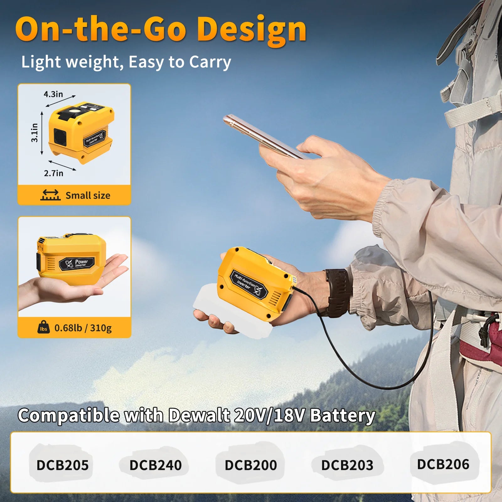 200W Portable Power Inverter Compatible with Dewalt 20V Battery, 20V to AC 110V, with 4 Output&300LM LED,