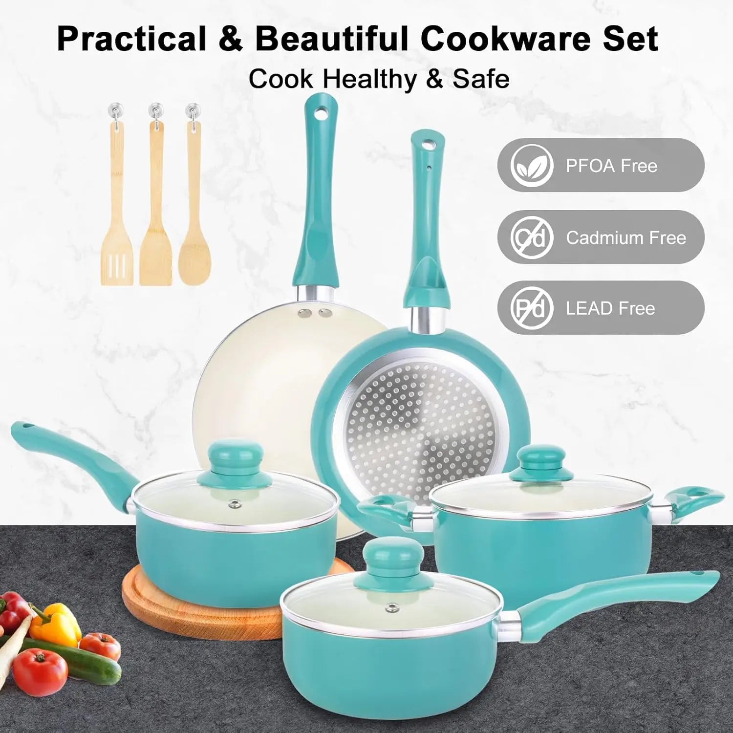11-Piece Nonstick Ceramic Cookware Set with Bamboo Utensils, Induction Compatible,