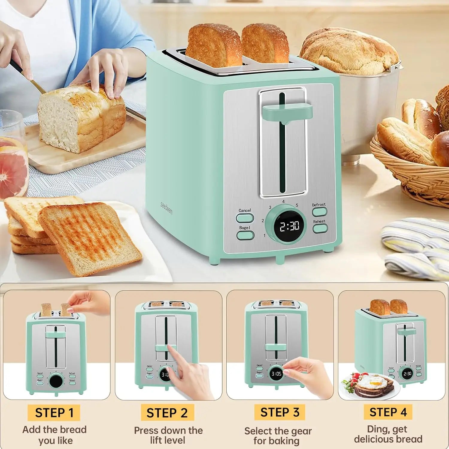 2 Slice Bread Toaster with LCD Display, 7 Shade Settings,
